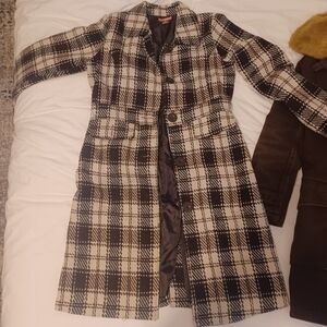 Plaid Brown and Cream Long Coat With Pockets